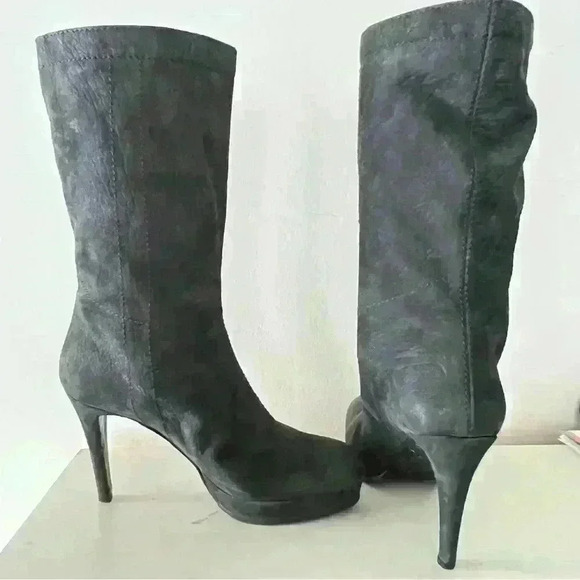 VERO CUIOIO BLACK LEATHER  FUR HEELS OVAL TOE PLATFORM BOOTS SIZE 38 - Picture 8 of 16